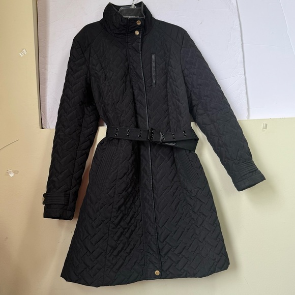 Cole Haan Quilted Coat Jacket Pockets Zipper Lined Belted Straight Minimalist M - Picture 2 of 15